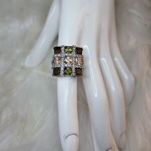 Silver Overlay Ring Cubic Zirconia Brown Tan Green Size 7